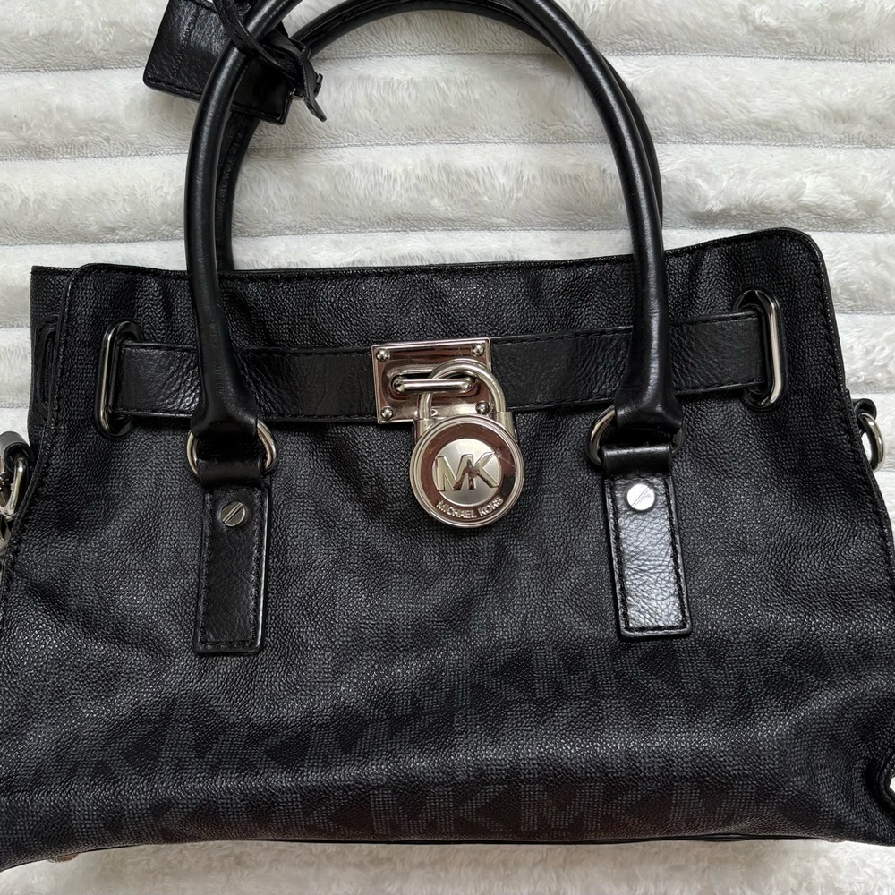 MICHAEL KORS Hamilton Satchel Black Saffiano Leather MK Lock Tote Shoulder Bag - Picture 5 of 15